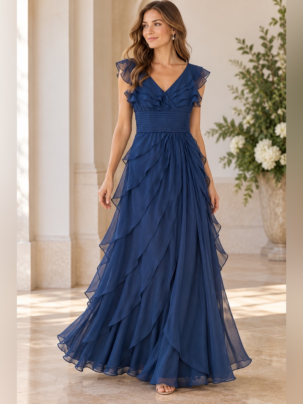 Adrianna Papell Chiffon Ruffle Gown Dress Sz 8 Blue Formal Wedding Maxi Elegant